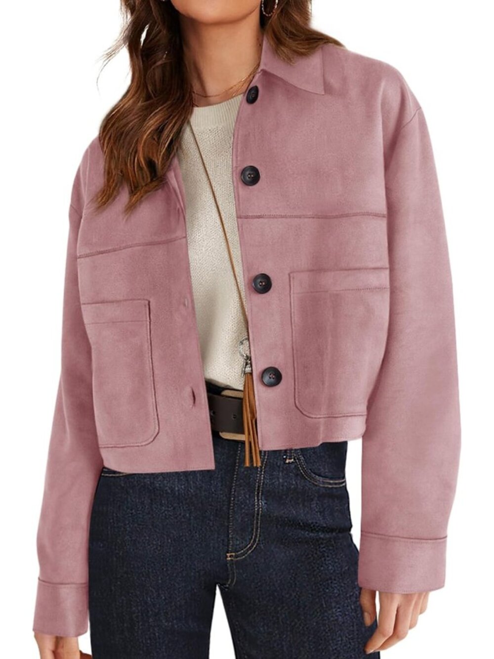 Women's Pink Suede Long Sleeve Button Down Streetwear Casual Cropped Jacket